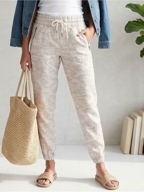 Athleta “Cabo Tide” Linen Joggers White Tan Camo Drawstring Pants Casual Comfy 2
